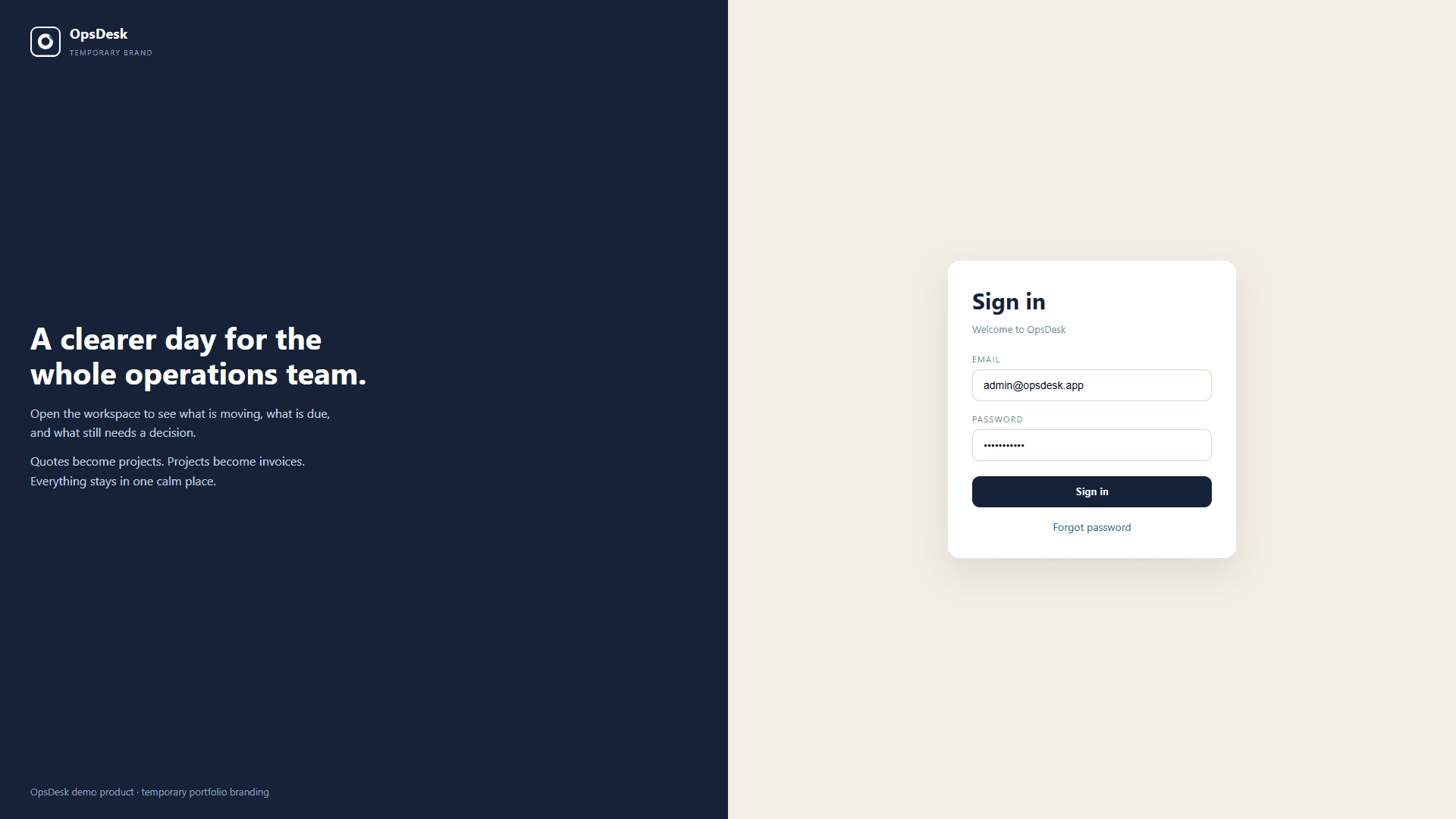 OpsDesk sign-in for the operations workspace