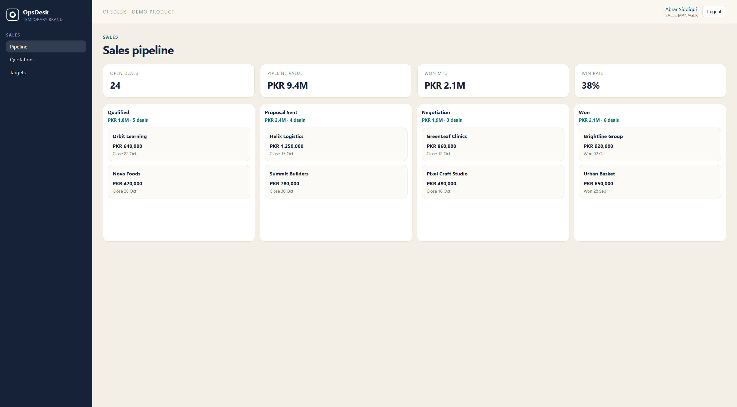 Sales pipeline with deal stages, values, and win tracking