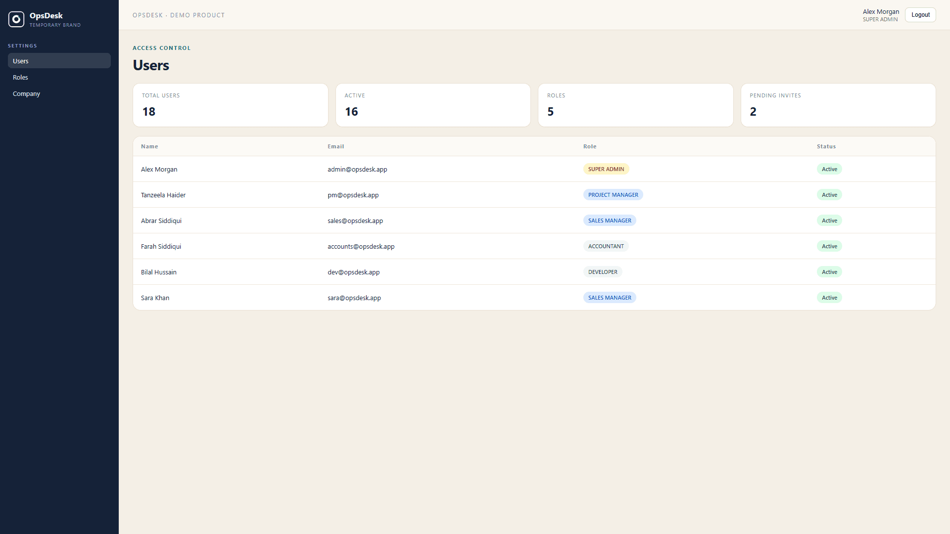 Users & roles for Super Admin, PM, Sales, Accounts, and Developer access